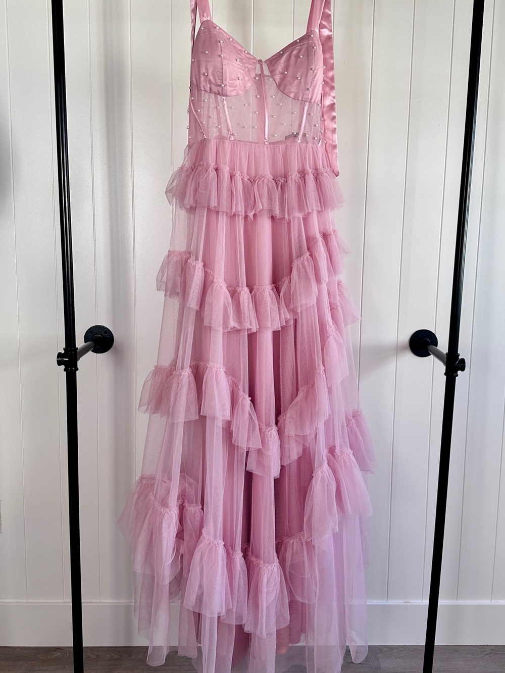 Say Yes to the Prom Macy’s Tiered Tulle Bustier Gown Pearl New Blush Size 17/18